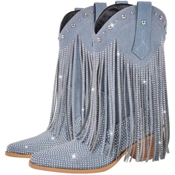 ✨ Sexytag Cowgirl Boots Women Grey Synthetic Sparkly Wide Calf Western Boots - Picture 2 of 6